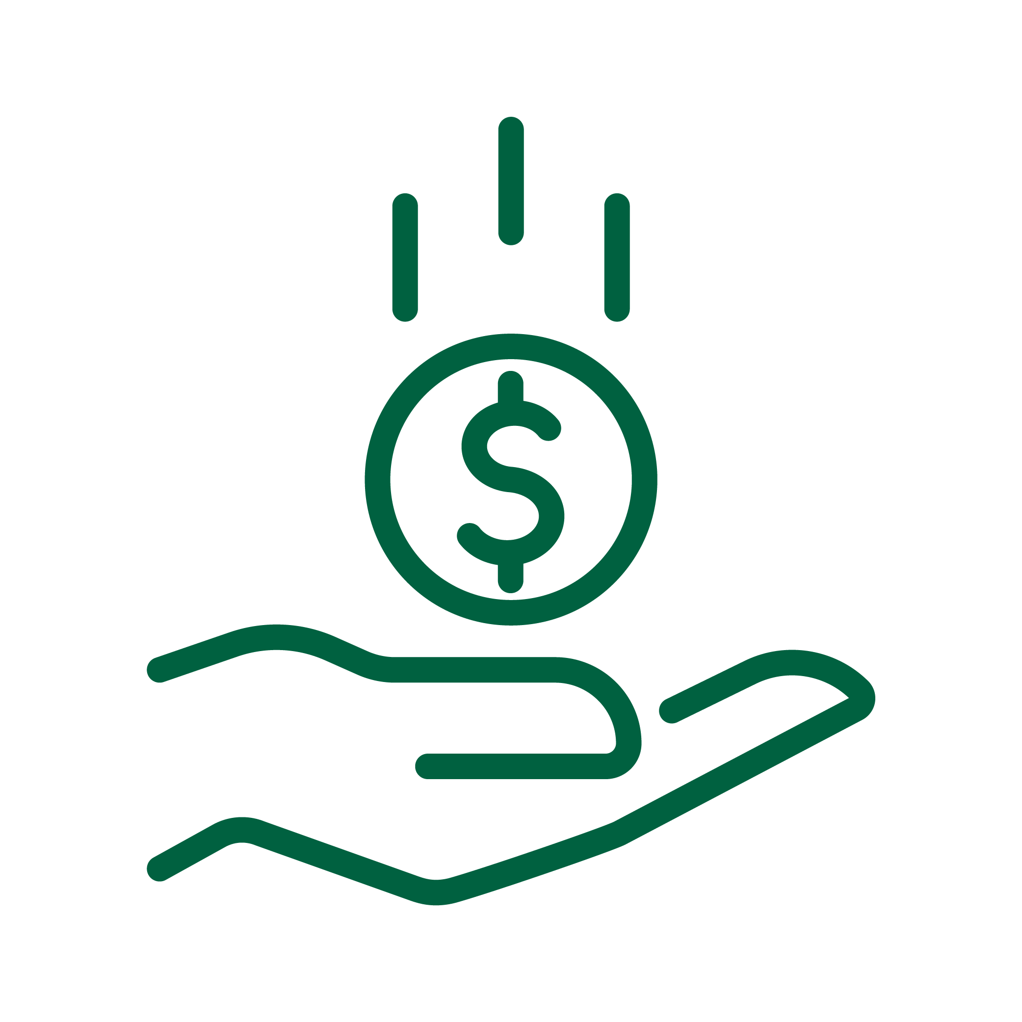 An infographic of a hand receiving a coin with a dollar sign on it.