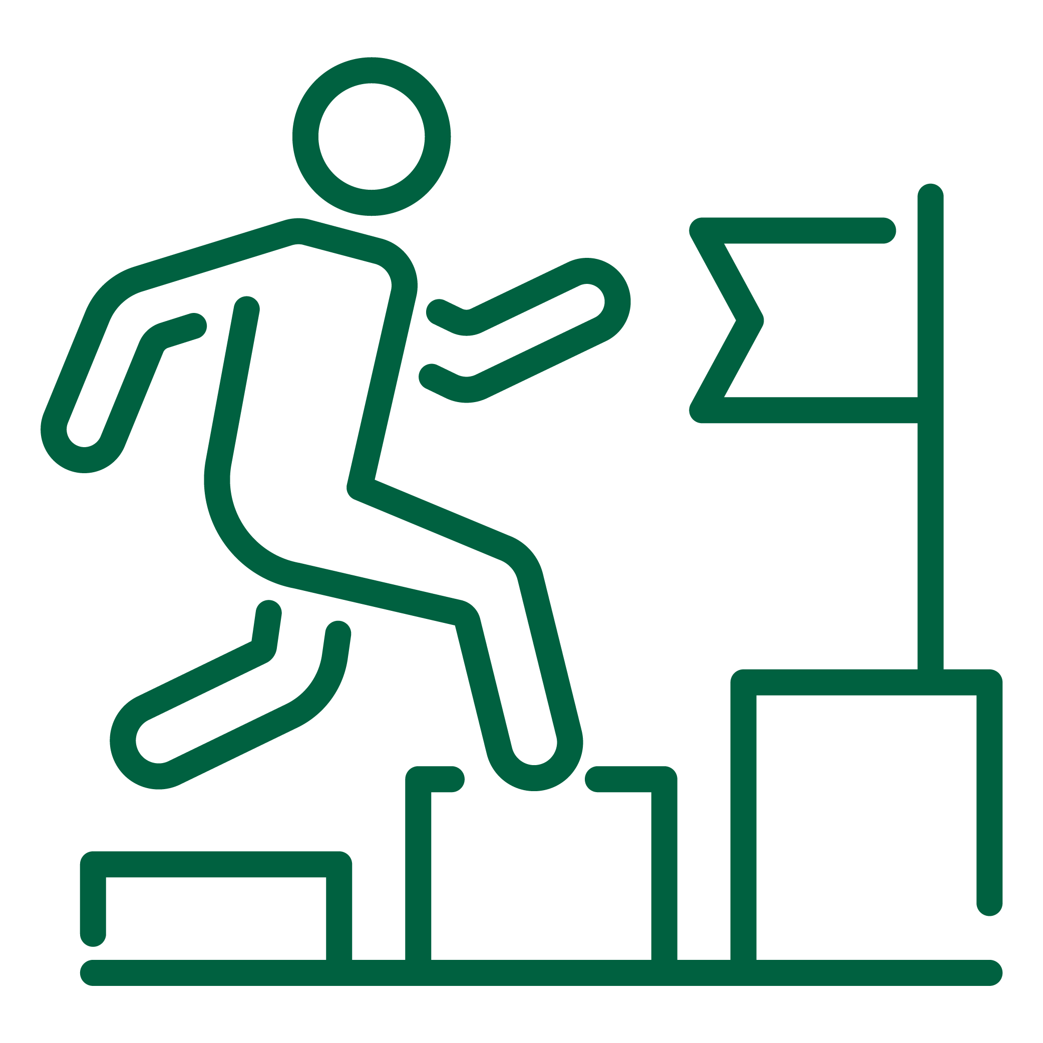 Infographic of person running up a bar graph to a flag.